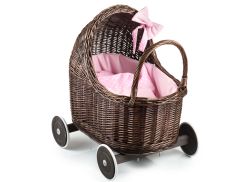 Puppenwagen aus Weide mit rosa Babydecke Nukke V.